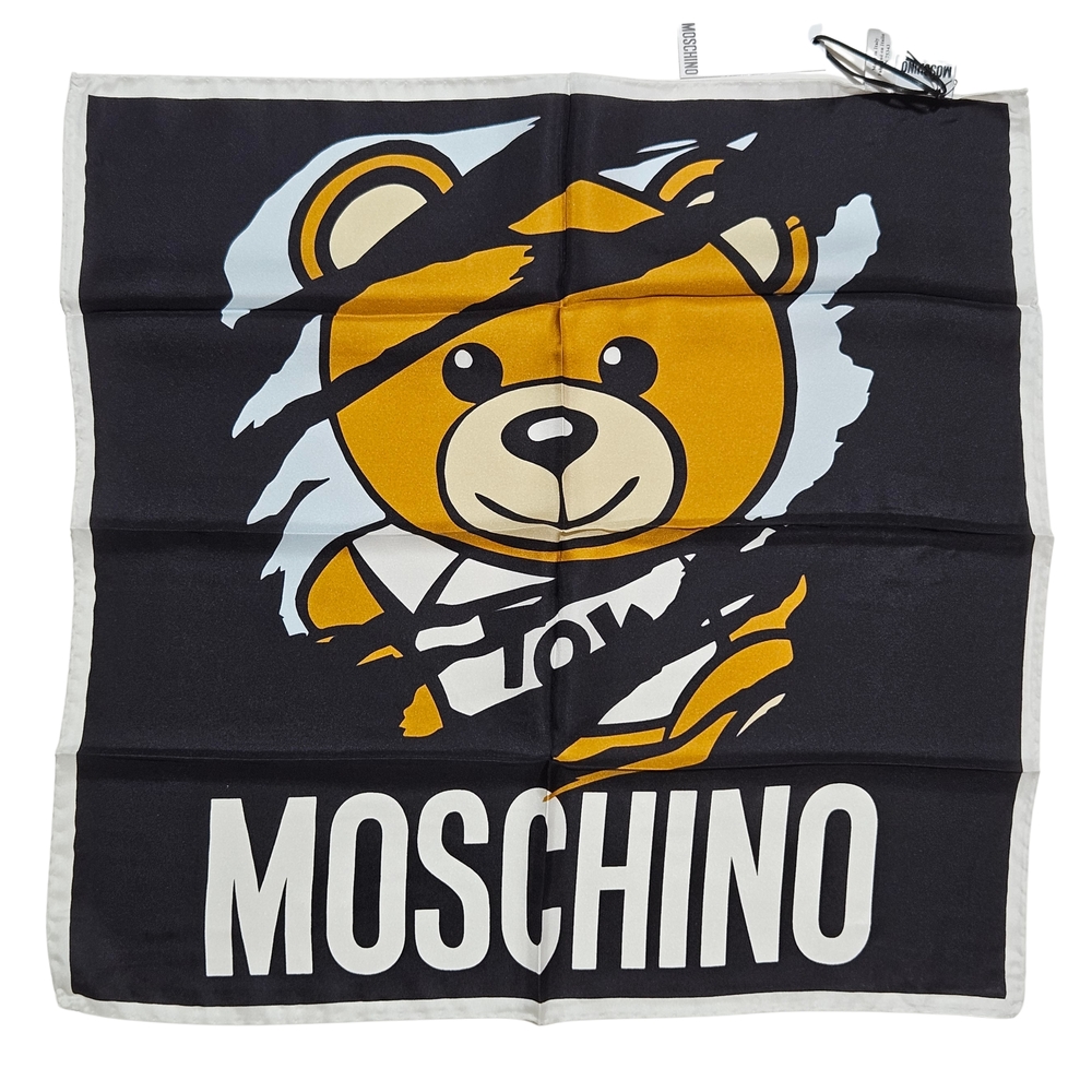 Moschino 100% Silk Square Scarf 20" x 20" Black Multi Bear Logo Designer Italy